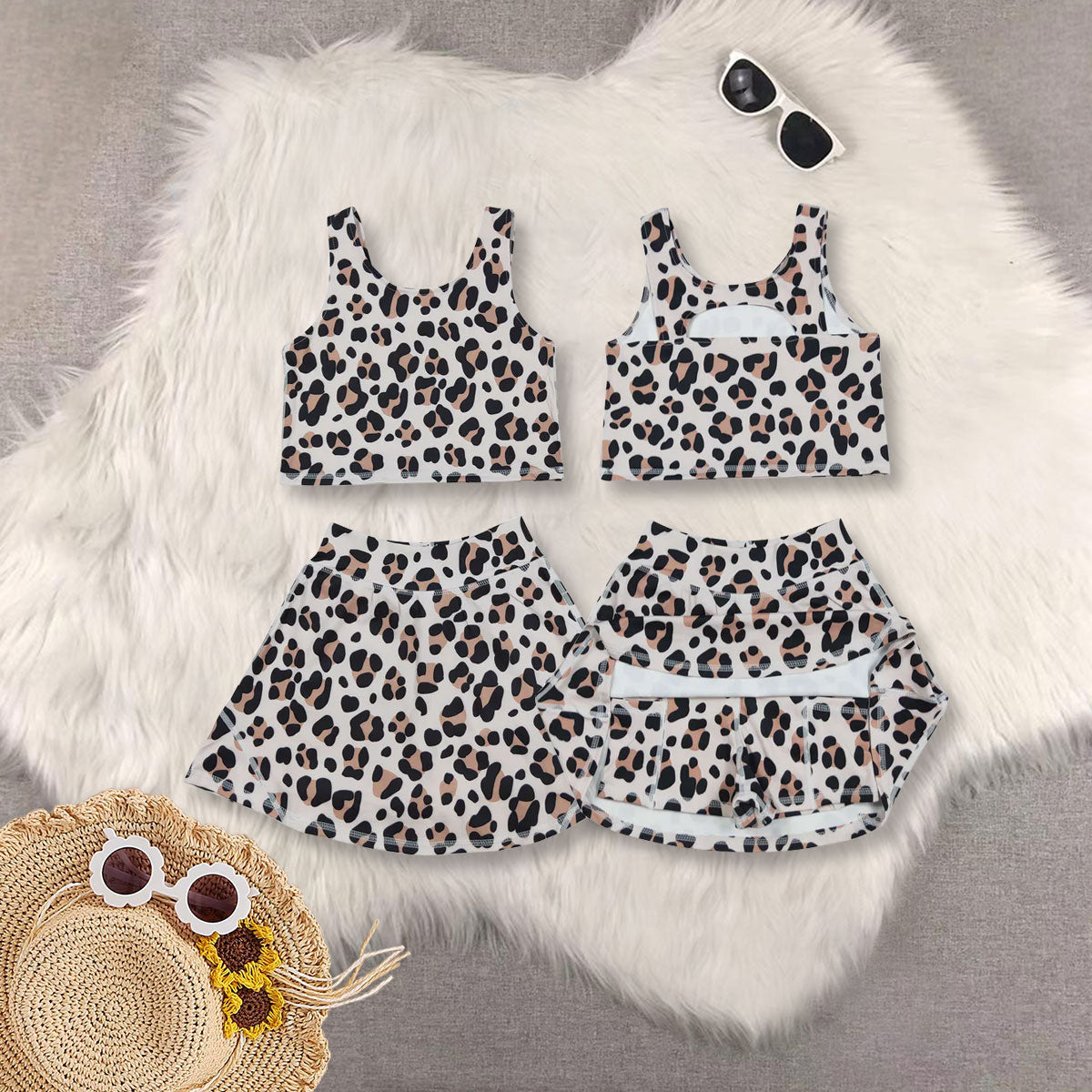 RTS NO MOQSibling baby girl clothes Brown leopard print beige vest skirt yoga suit and dress