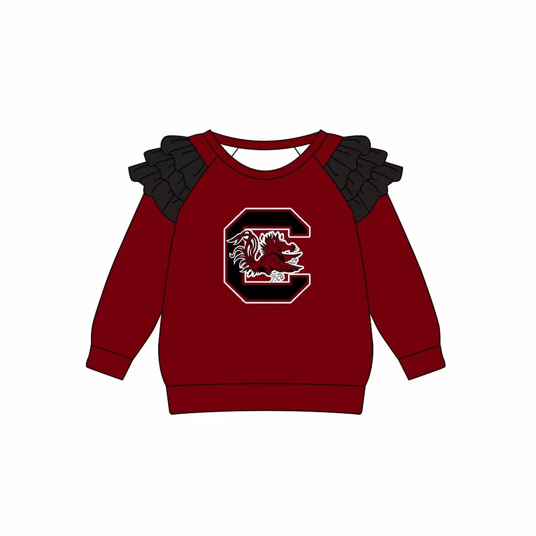 Custom moq 3 eta 6-7weeks team baby girls clothes brick red long sleeve top