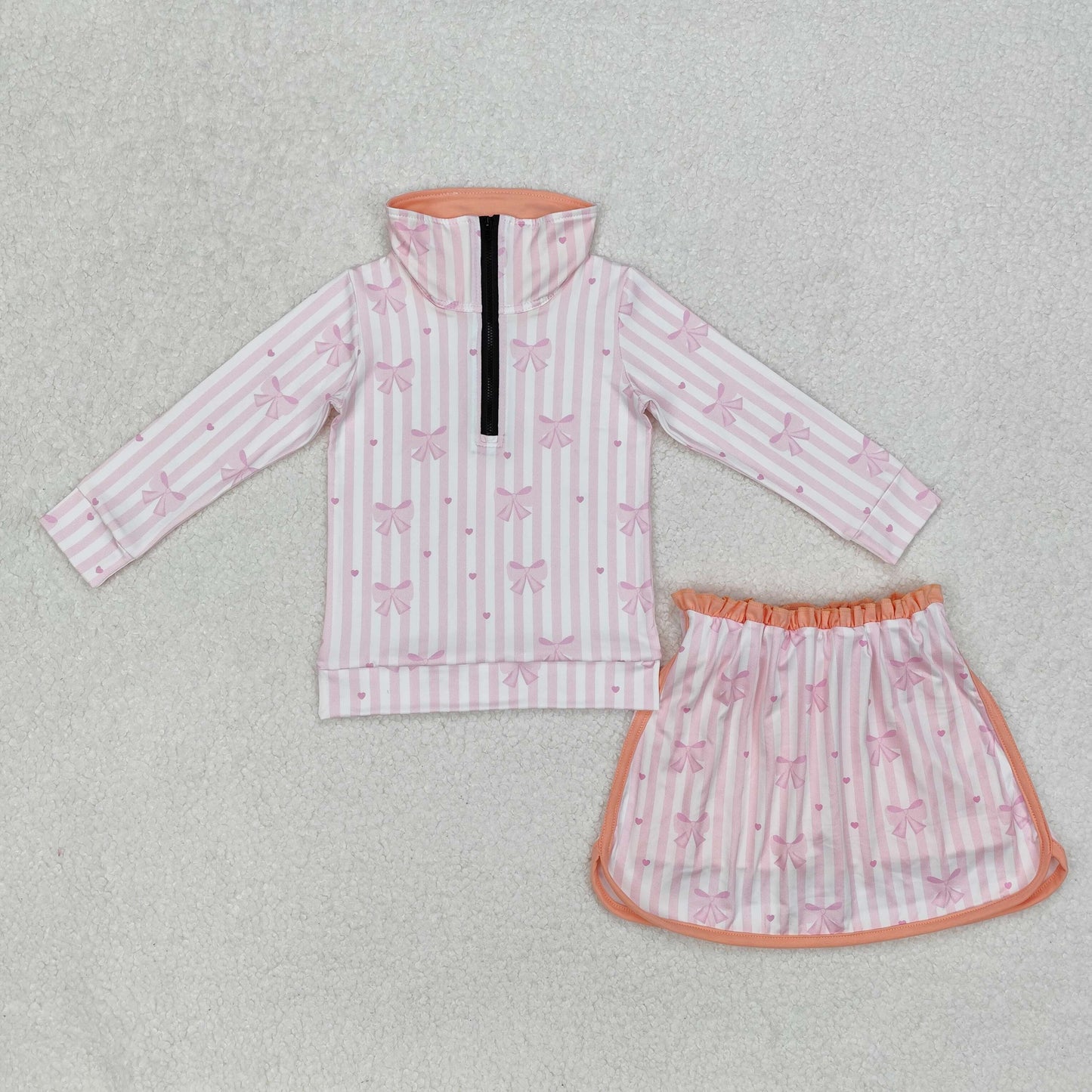 RTS NO MOQ ETA 5/7days Arrived GLD1004 Bow pattern pink stripes white zipper long-sleeved culottes set