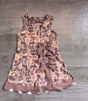 (Sample) No moq yoga fabric GSD4227 Yoga Baby Girls Brown Grey Camo Print Scallop Edge Knee Length Active Yoga Dress With Bow