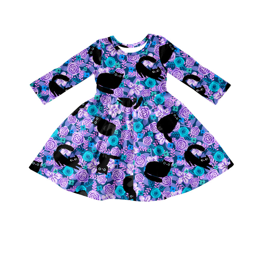 5.18custom each style moq 5eta 4-5week Sibling Sister black cat flower prints purple girls set and dress match family design