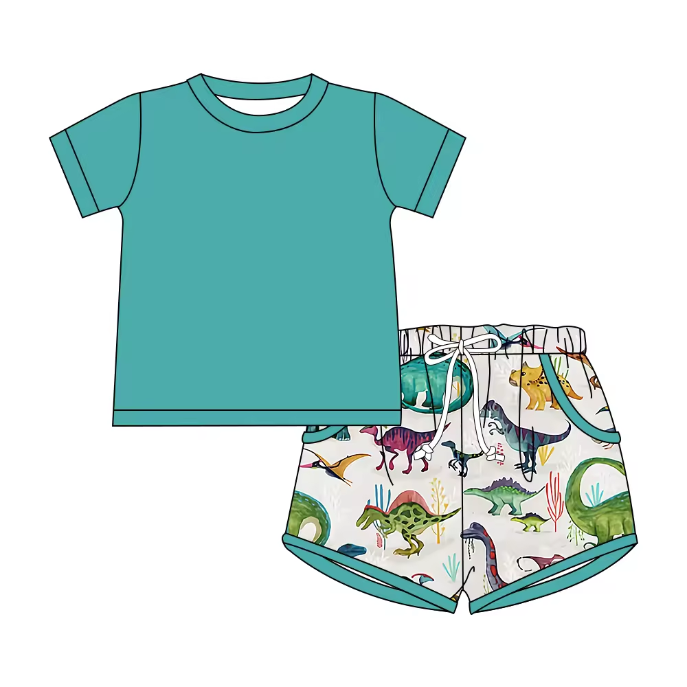5.21custom each style moq 5eta 4-5week Sibling Sister Dinosaur print green boys outfits