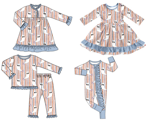 25.8.13 custom each style moq 5 eta 4-6week Sibling Sisters ghost baby girl long sleeve pants sets and romper and dress 1 and dress 2 match family design