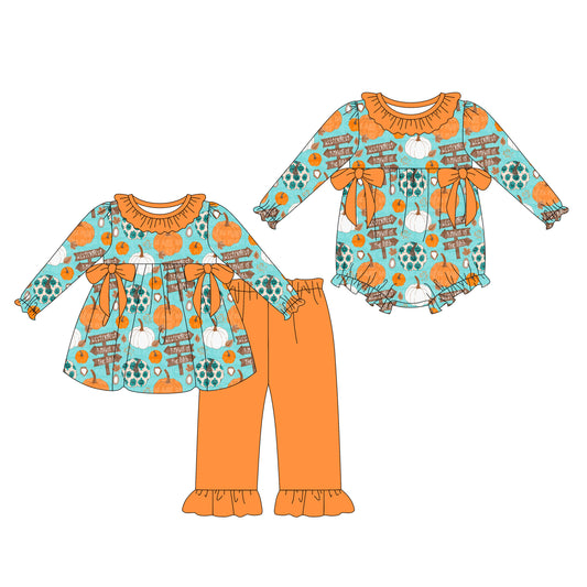 25.8.6 custom each style moq 5eta 4-6week Sibling Sister pumpkin baby girl long sleeve pants sets and rompers match family design
