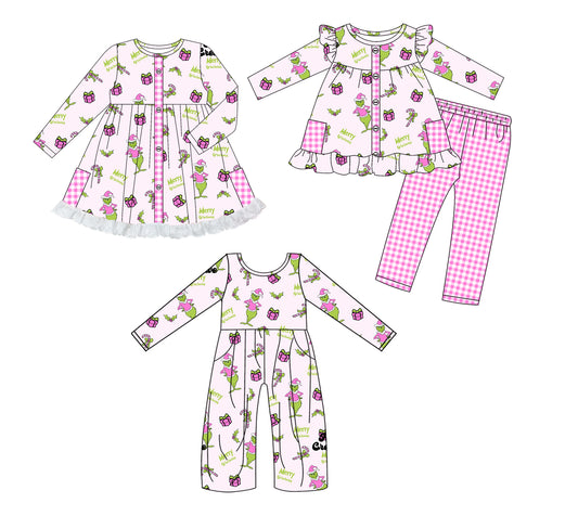 25.8.11 custom each style moq 5eta 4-6week Sibling Sisters Christmas pink baby girl long sleeve pants sets and dress and jumpsuit match family design