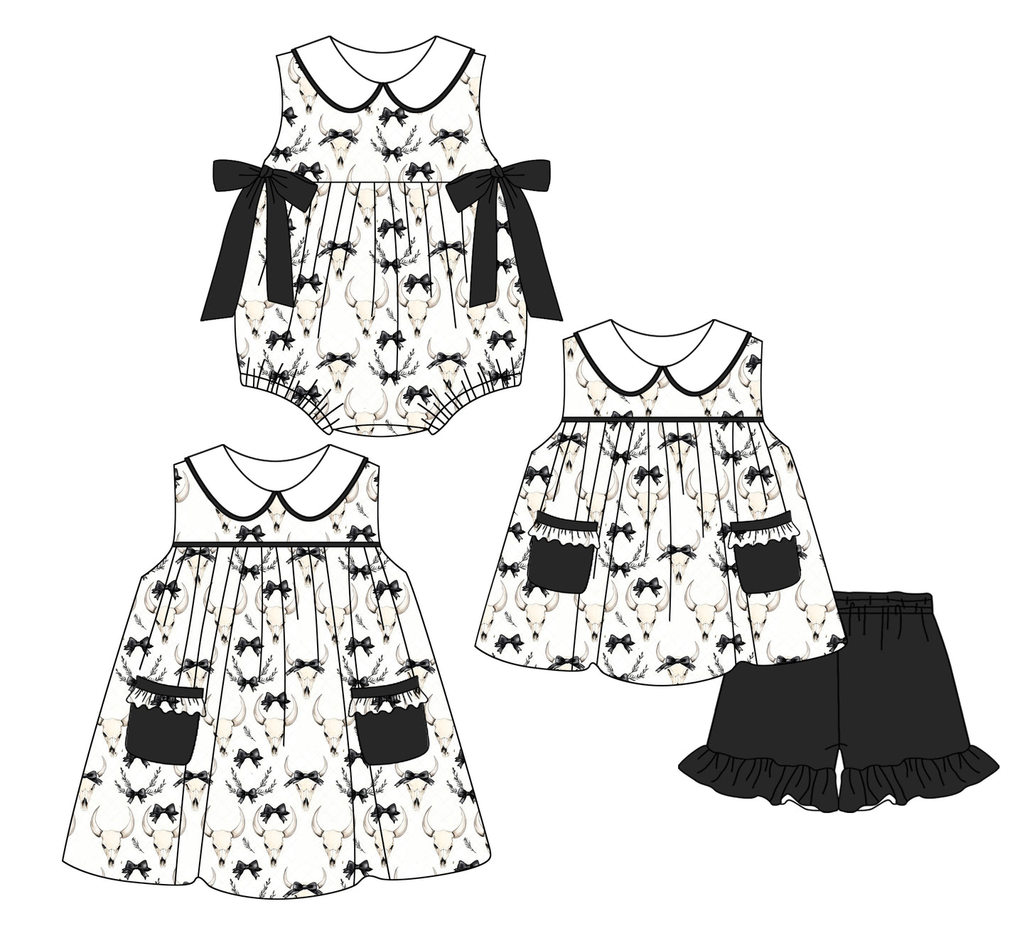 2.26 custom each style moq 5eta 4-6week Sibling Sisters cow head bow baby girl short sleeve shorts sets and dress and rompers match family design