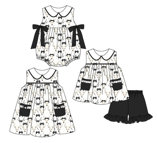2.26 custom each style moq 5eta 4-6week Sibling Sisters cow head bow baby girl short sleeve shorts sets and dress and rompers match family design