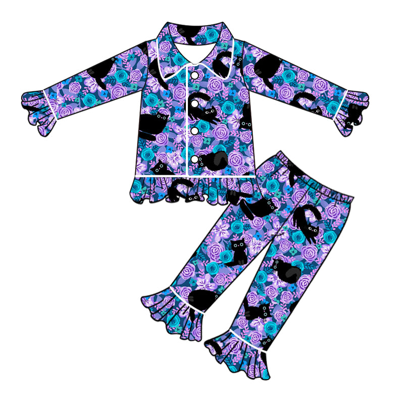 5.18custom each style moq 5eta 4-5week Sibling Sister black cat flower prints purple girls set and dress match family design