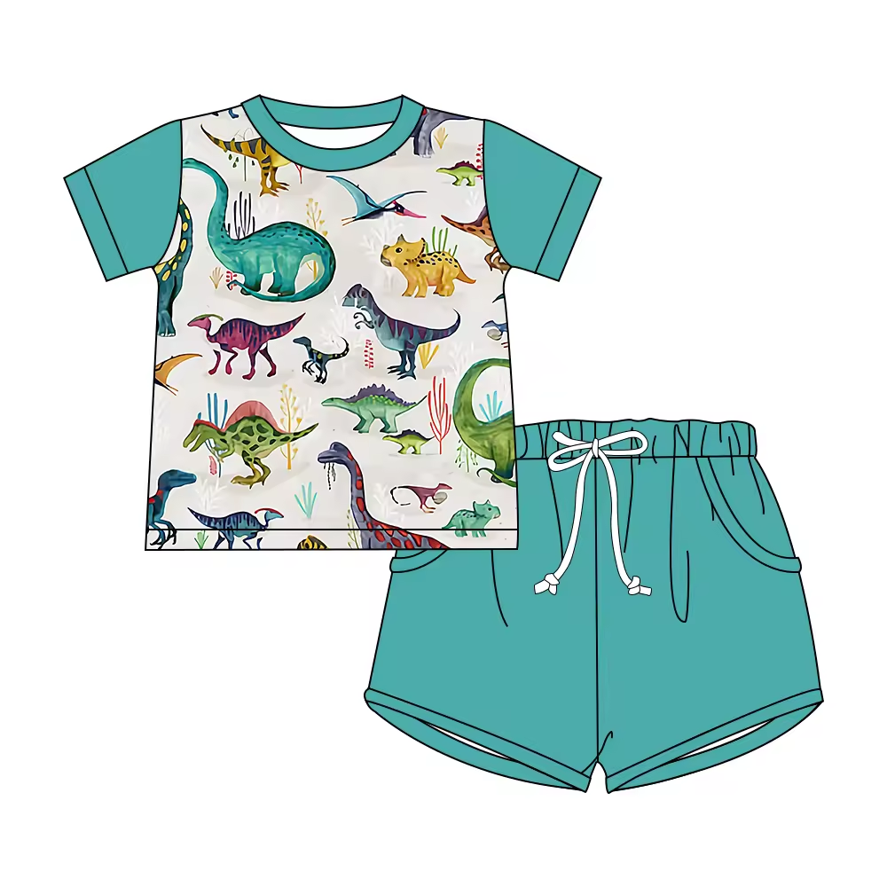 5.21custom each style moq 5eta 4-5week Sibling Sister Dinosaur print green boys outfits