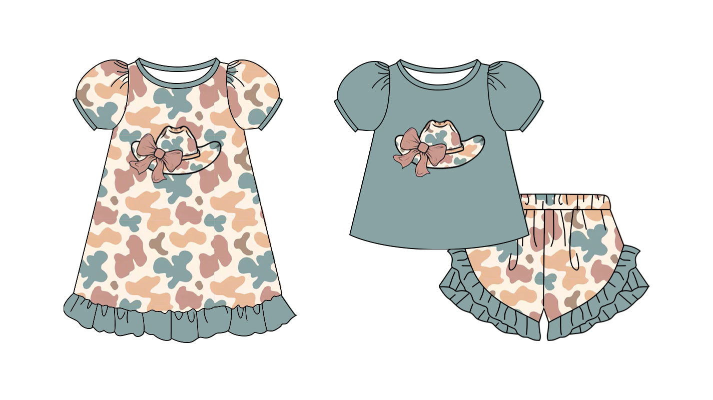 11.2 custom each style moq 5eta 4-6week Sibling Sister camouflage hat baby girl short sleeve shorts sets and briefs sets and dresses match design