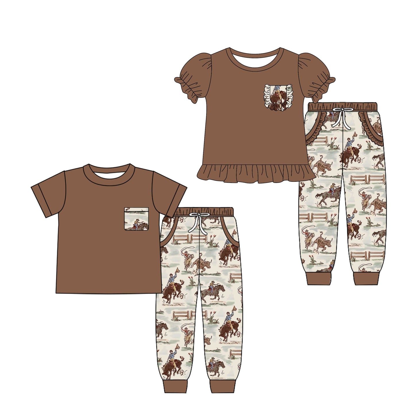 4.28 custom each style moq 5eta 4-6week Sibling Sister riding horse baby boy pants sets 1 and sets 2 match family design