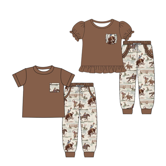 4.28 custom each style moq 5eta 4-6week Sibling Sister riding horse baby boy pants sets 1 and sets 2 match family design