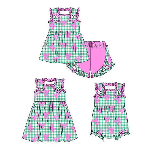 4.2 custom each style moq 5eta 4-6week Sibling Sisters bow baby girl short sleeve shorts sets and dress and rompers match family design