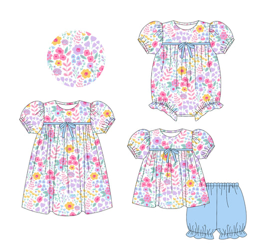 25.5.23 custom each style moq 5eta 4-6week Sibling Sisters floral pink baby girl short sleeve shorts sets and dress and rompers match family design