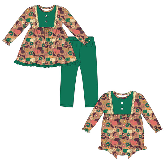 25.6.19 custom each style moq 5eta 4-6week Sibling Sisters pumpkin baby girl long sleeve pants sets and rompers match family design
