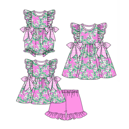 4.1 custom each style moq 5eta 4-6week Sibling Sisters bow floral baby girl short sleeve shorts sets and dress and rompers match family design