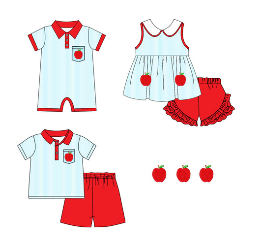 11.22 custom each style moq 5eta 4-6week Sibling Sister apple baby girl short sleeve shorts sets and sets 2 and girls romper match design