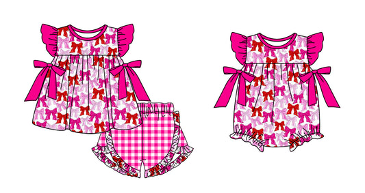 11.13 custom each style moq 5eta 4-6week Sibling Sister bow baby girl short sleeve shorts sets and rompers match design