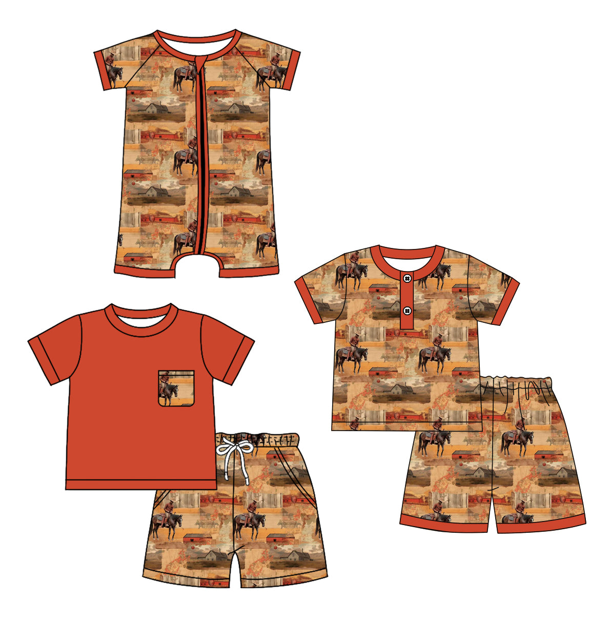 12.25 custom each style moq 5eta 4-6week Sibling Sister riding horse baby boy short sleeve shorts set 1 and sets 2 and boy romper match design