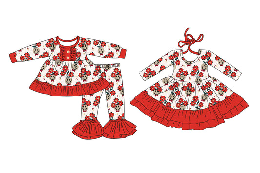 25.7.21 custom each style moq 5eta 4-6week Sibling Sisters floral red baby girl long sleeve pants sets and dress match family design