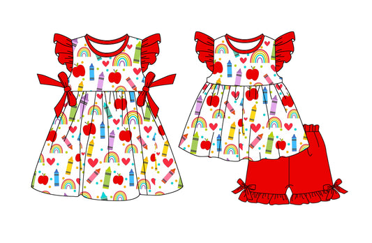 25.12.23 custom each style moq 5 eta 6-8week Sibling Sister apple pencil love baby short sleeve shorts sets and dress match design