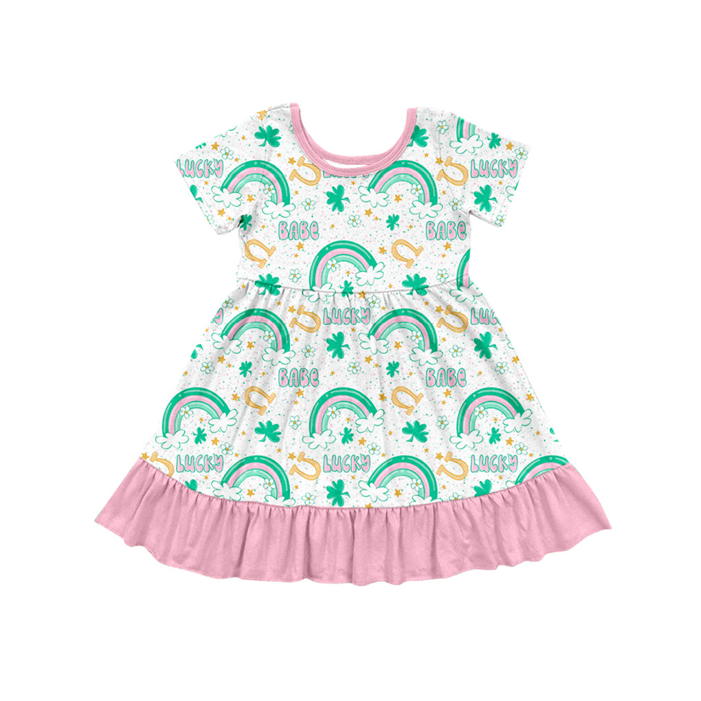 10.18 custom each style moq 5eta 4-6week Sibling Sister LUCKY Four Leaf Clover pink baby girl sets and dress and rompers match family design