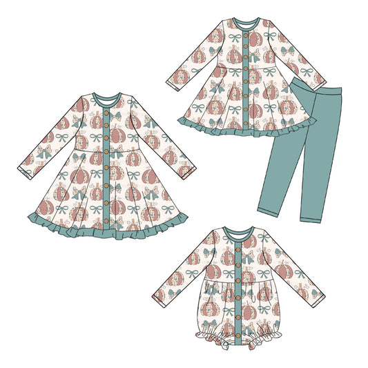25.6.24 custom each style moq 5eta 4-6week Sibling Sisters pumpkin bow baby girl long sleeve pants sets and dress and rompers match family design