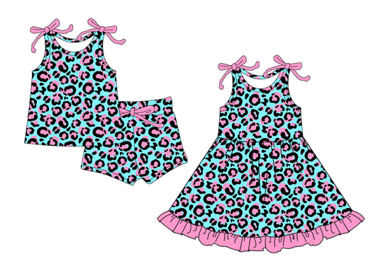 4.15 custom each style moq 5eta 4-6week Sibling Sister leopard baby girl short sleeve shorts sets and dresses match design