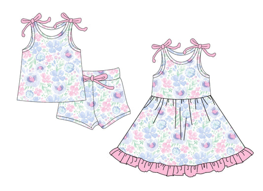 4.16 custom each style moq 5eta 4-6week Sibling Sister floral baby girl short sleeve shorts sets and dresses match design