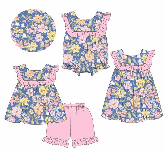3.26 custom each style moq 5eta 4-6week Sibling Sisters floral baby girl short sleeve shorts sets and dress and rompers match family design