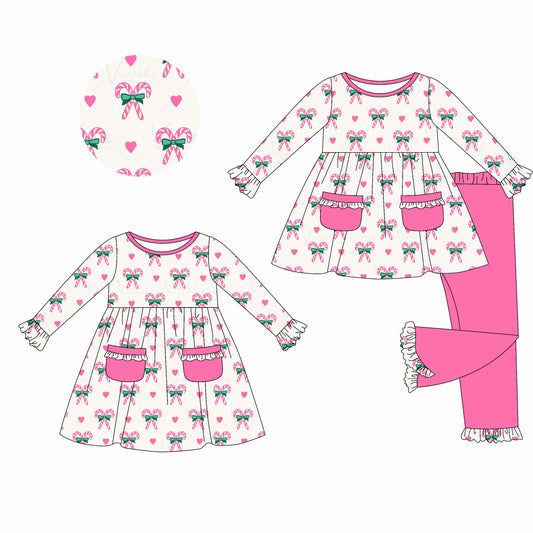 25.5.17 custom each style moq 5eta 4-6week Sibling Sisters Christmas bow pink baby girl long sleeve pants sets and dress match family design