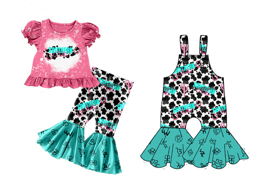 25.10.9 custom each style moq 8 eta 6-8week Sibling Sisters cow pattern baby girl short sleeve shorts sets and jumpsuit match family design