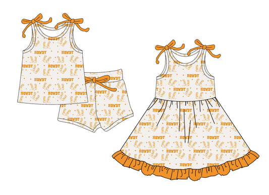 4.18 custom each style moq 5eta 4-6week Sibling Sister HOWDY boots baby girl short sleeve shorts sets and dresses match design