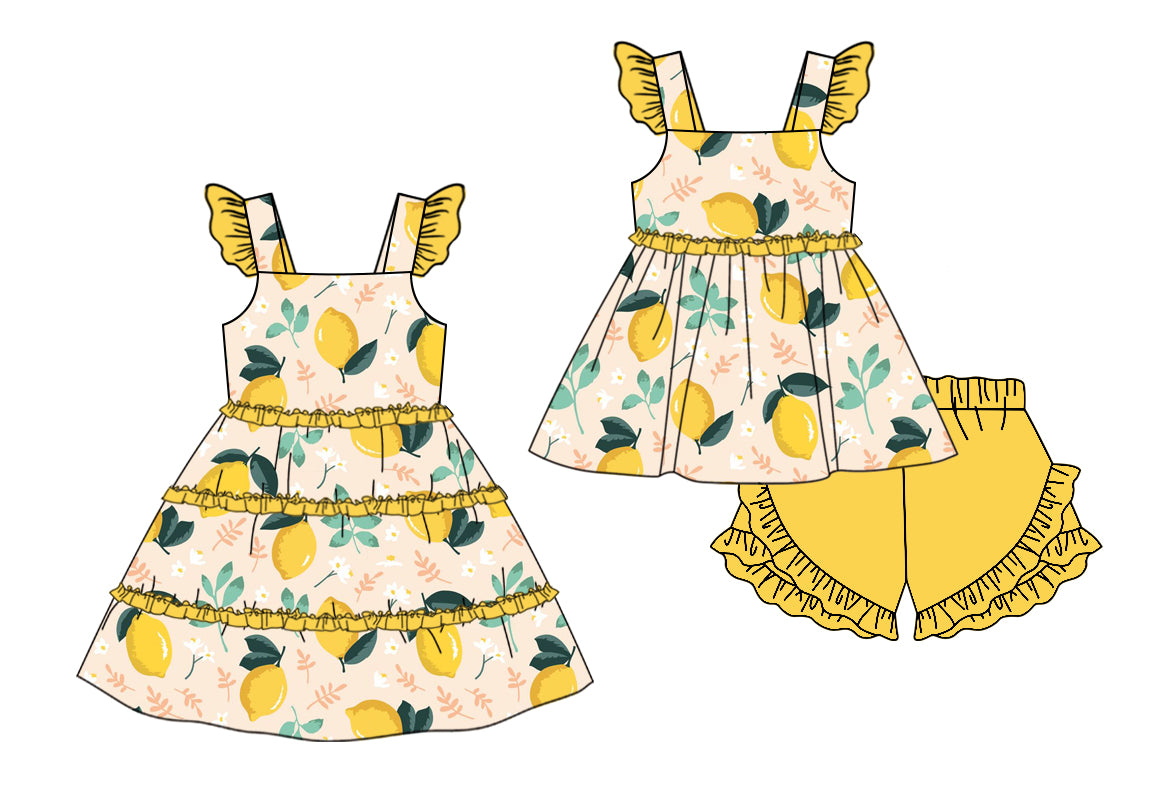 11.13 custom each style moq 5eta 4-6week Sibling Sister lemon yellow baby girl short sleeve shorts sets and dresses match design