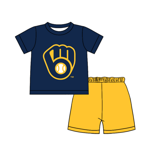 Custom moq 5 mix size milk silk summer teams Baby Boy's Navy blue Short-Sleeved O-Neck Top And solid color Shorts Set