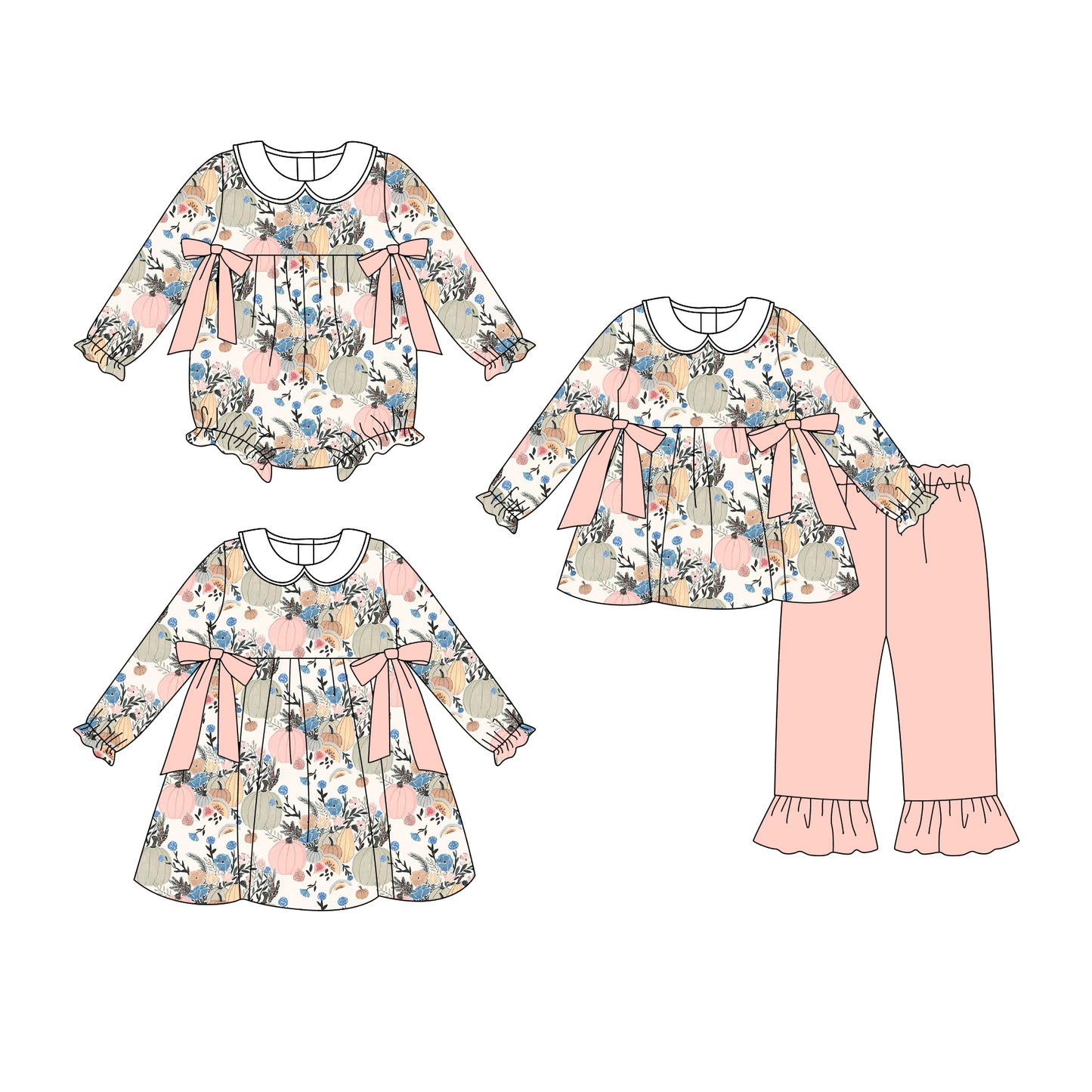 25.6.25 custom each style moq 5eta 4-6week Sibling Sisters pumpkin baby girl long sleeve pants sets and dress and rompers match family design