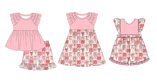 12.10 custom each style moq 5eta 4-6week Sibling Sister bow baby girl short sleeve shorts sets and dress and jumpsuits match family design