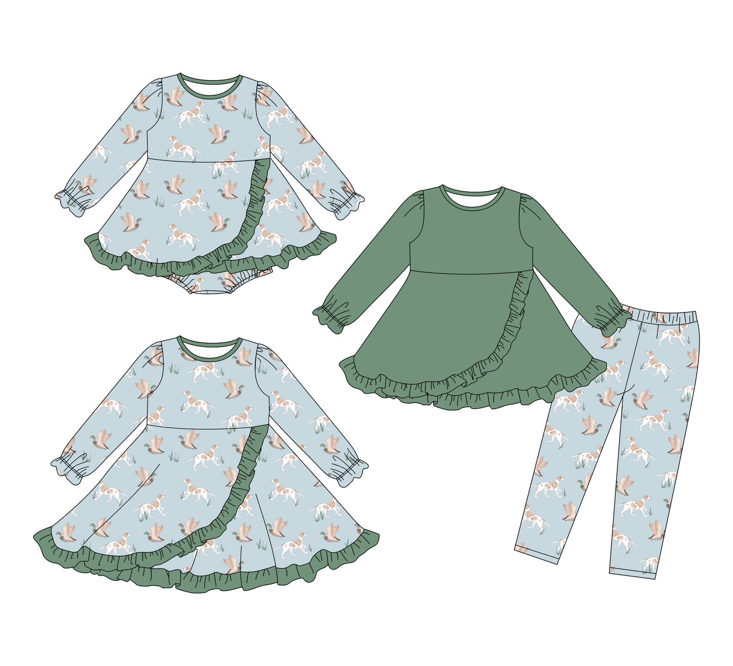 25.11.12 custom each style moq 5 eta 6-8week Sibling Sisters duck puppy baby girl long sleeve pants sets and dress and rompers match family design