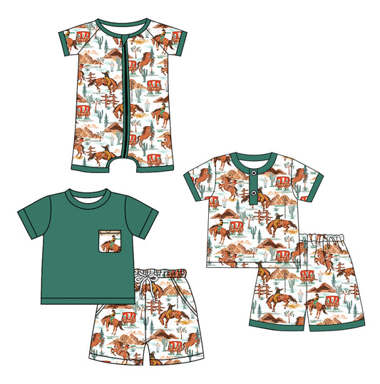 12.24 custom each style moq 5eta 4-6week Sibling Sister riding horse baby boy short sleeve shorts set 1 and sets 2 and boy romper match design