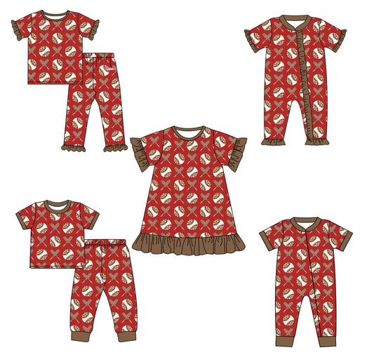 12.2 custom each style moq 5eta 4-6week Sibling Sister baseball baby girl sets 1 and sets 2 and dress and boy rompers and girl romper match family design