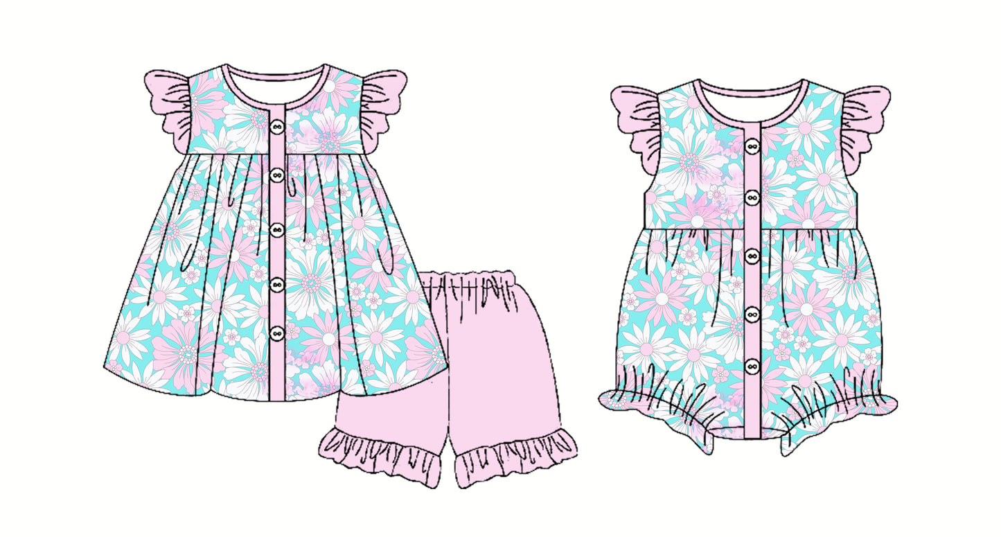 2.28 custom each style moq 5eta 4-6week Sibling Sister floral baby girl short sleeve shorts sets and romper match design