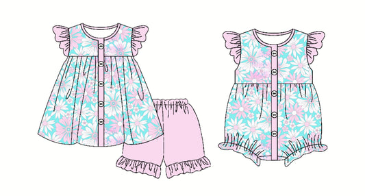 2.28 custom each style moq 5eta 4-6week Sibling Sister floral baby girl short sleeve shorts sets and romper match design