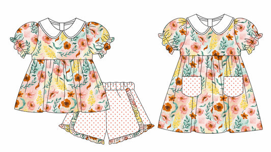 11.3 custom each style moq 5eta 4-6week Sibling Sister floral baby girl short sleeve shorts sets and briefs sets and dresses match design