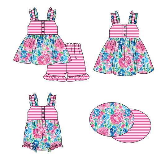 1.16 custom each style moq 5eta 4-6week Sibling Sisters floral baby girl short sleeve shorts sets and dress and rompers match family design