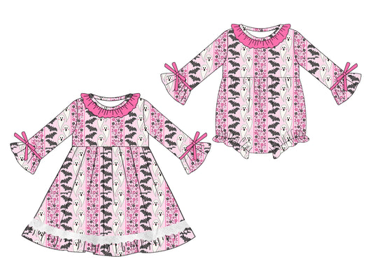 25.5.10 custom each style moq 5eta 4-6week Sibling Sisters bat ghost baby girl long sleeve dress and rompers match family design