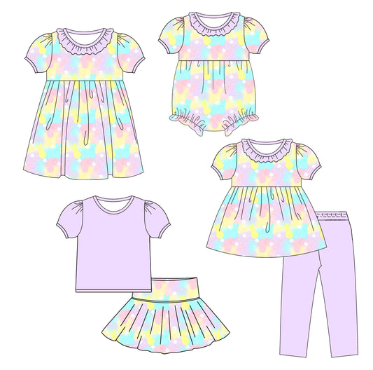 25.9.24 custom each style moq 8 eta 6-8week Sibling Sisters baby girl short sleeve pants sets and skirts sets and dress and rompers match family design