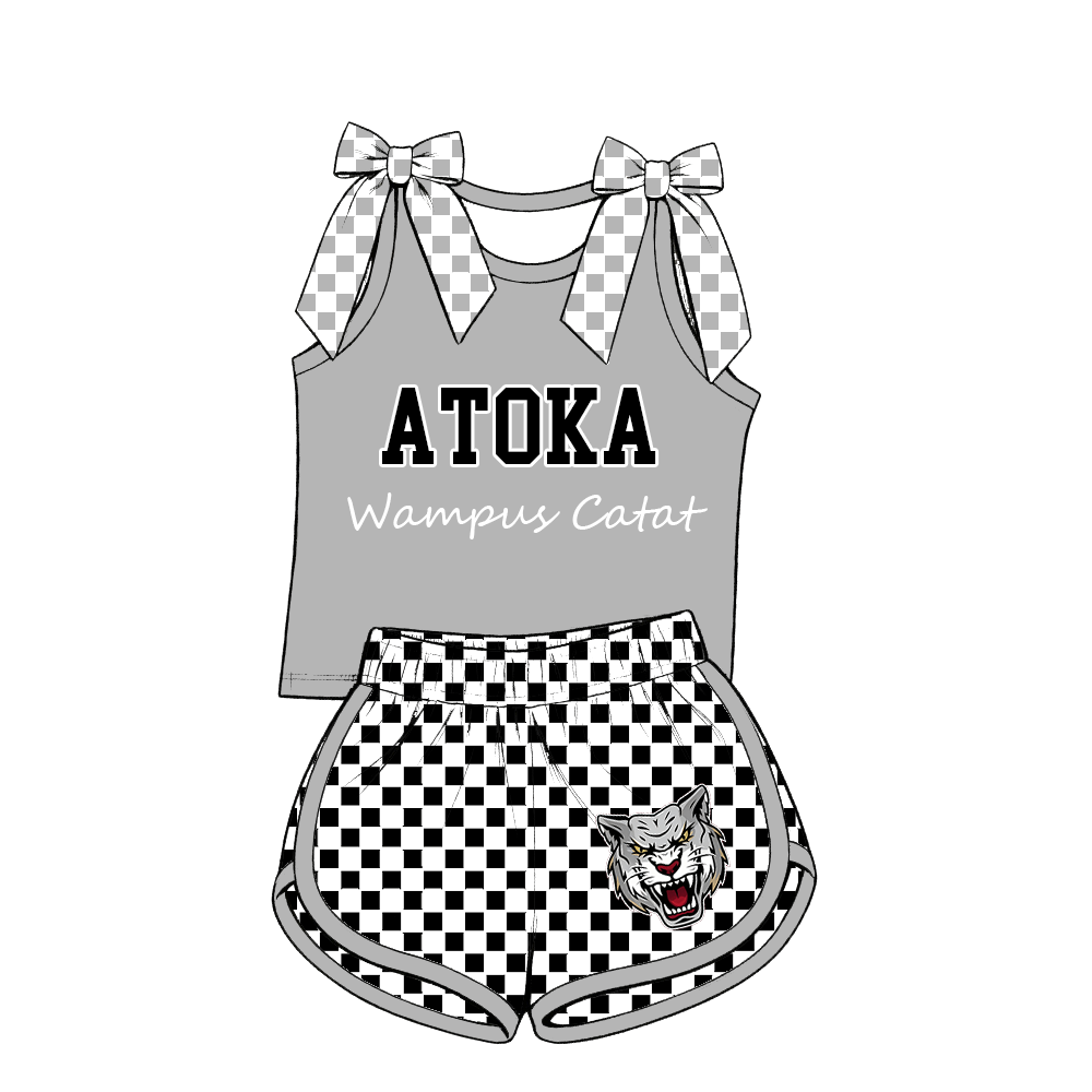 custom moq 5 mix size MSD070607 Baby Girls Checked Bow Sleeveless Tank Top And Checked Elastic Waist Shorts Set
