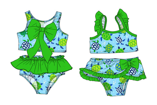 3.14 Custom moq 5 mix size Sibling Baby Girls Green Sleeveless Top With Bow Bummies Two-Piece Set Infant Swimwear