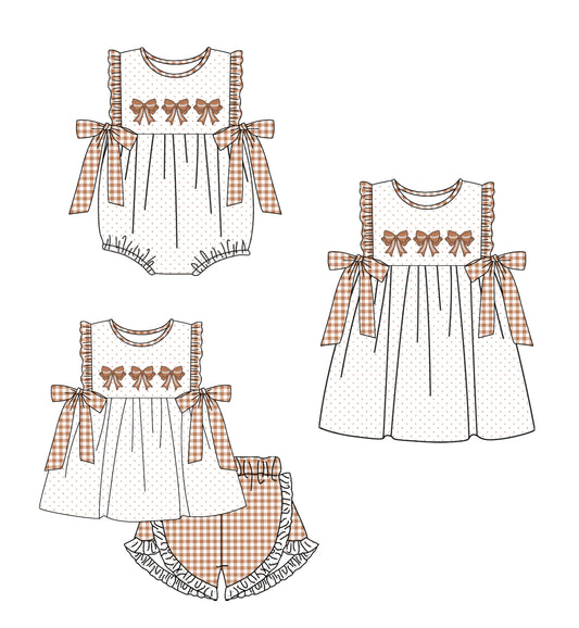 12.19 custom each style moq 5eta 4-6week Sibling Sister bow baby girl short sleeve shorts sets and dress and rompers match family design