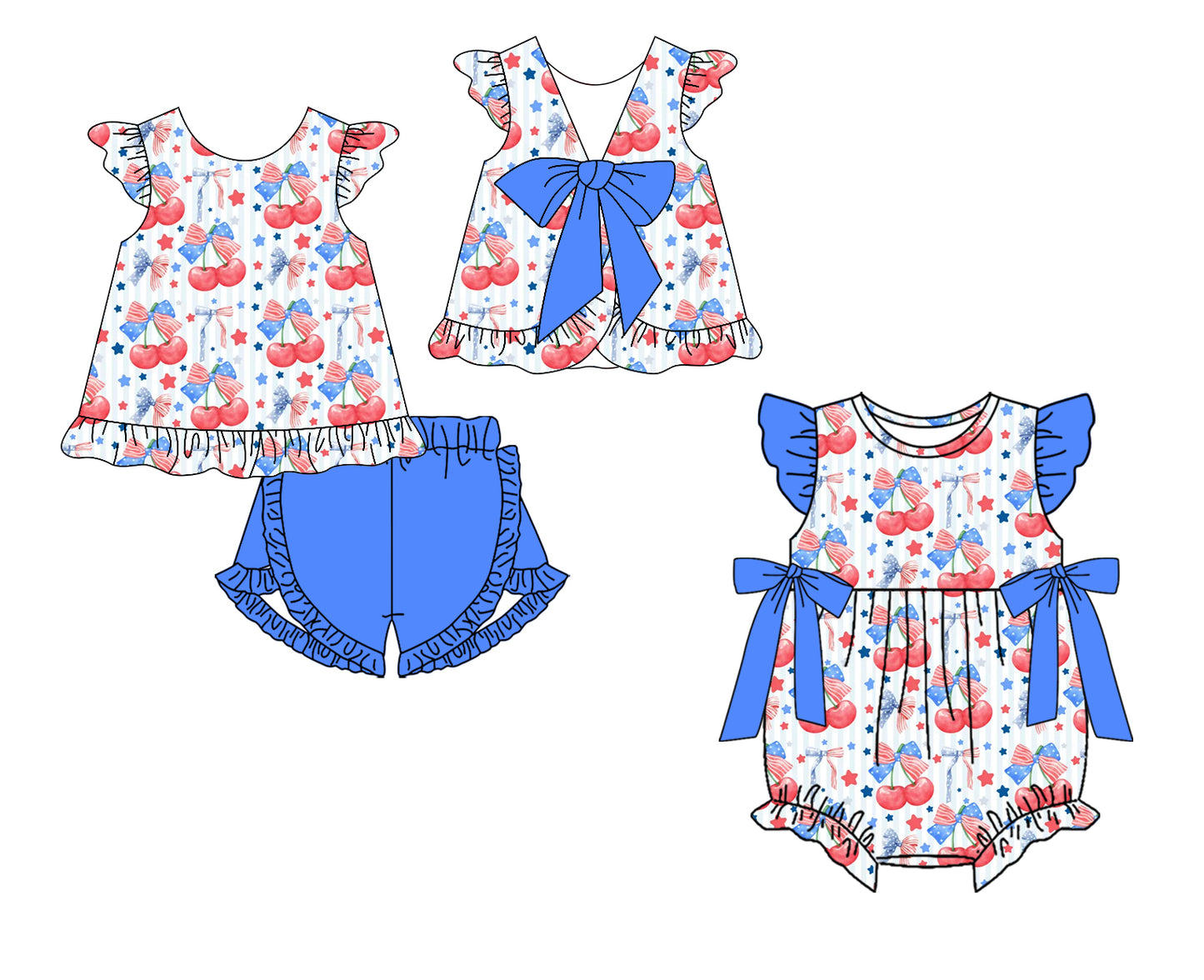 Custom moq 5 mix size Sibling Baby Girl Print Romper Set Sleeveless Top And Shorts 4th of July Outfit for Summer